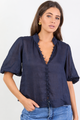 Continuance Navy Ramie Blend High Neck Buttoned SS Top