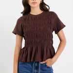Neat Chocolate Slub Shirred Detail SS Tee
