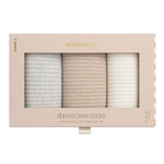 Neutral 3 pack ribbed crew socks in grey, ivory and beige presented in Stories Be Told gift box packaging
