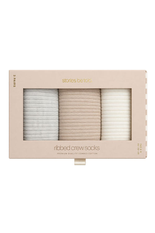 Neutral 3 pack ribbed crew socks in grey, ivory and beige presented in Stories Be Told gift box packaging