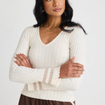 Nico Taupe Stripe LS V Neck Rib Knit Top