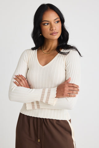 Nico Taupe Stripe LS V Neck Rib Knit Top