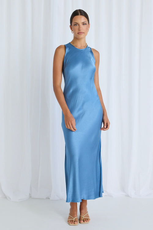 Model wears a blue satin dress