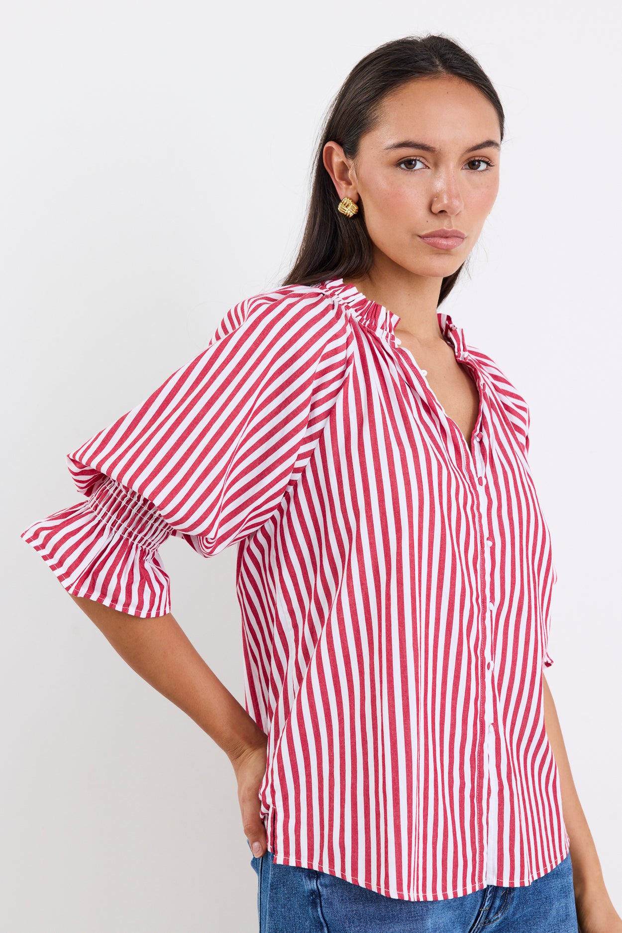 Noetic Red Stripe Short Sleeve Blouse | Flo & Frankie