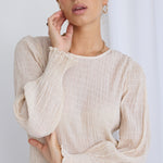 Norah Ecru Shirred LS Crew Neck Top