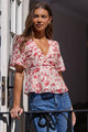 Notch Cream Red Poppy Pleat Front Bubble Sleeve Top