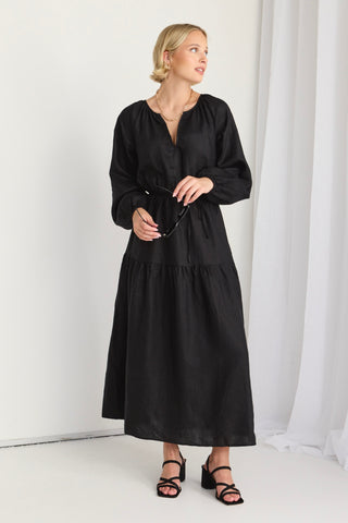 Oasis Black Linen LS Raglan Maxi Dress
