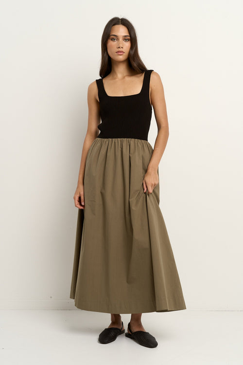Shop Obsidian Black and Khaki Square Neck Contrast Midi Dress | Flo & Shop Obsidian Black and Khaki Square Neck Contrast Midi Dress | Flo &