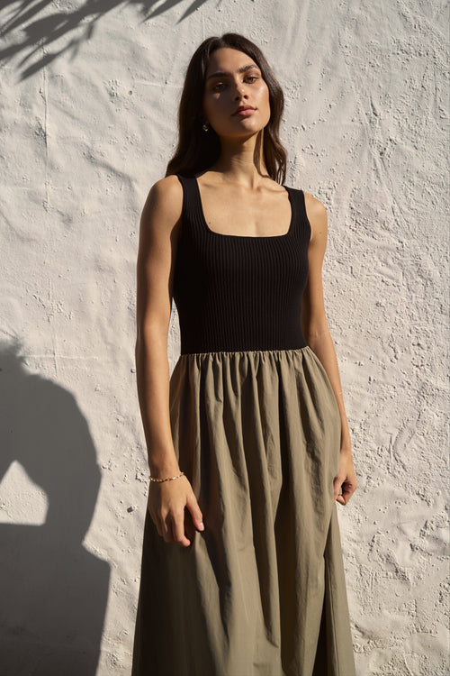 Shop Obsidian Black and Khaki Square Neck Contrast Midi Dress | Flo & Shop Obsidian Black and Khaki Square Neck Contrast Midi Dress | Flo &