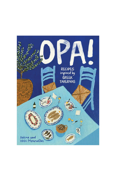 Book cover of 'Opa!' with illustrations of a Greek taverna scene on a blue background.