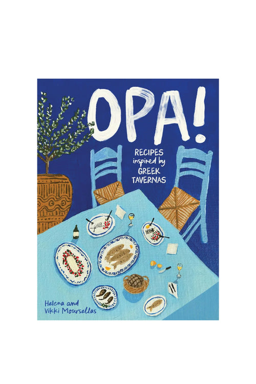 Book cover of 'Opa!' with illustrations of a Greek taverna scene on a blue background.