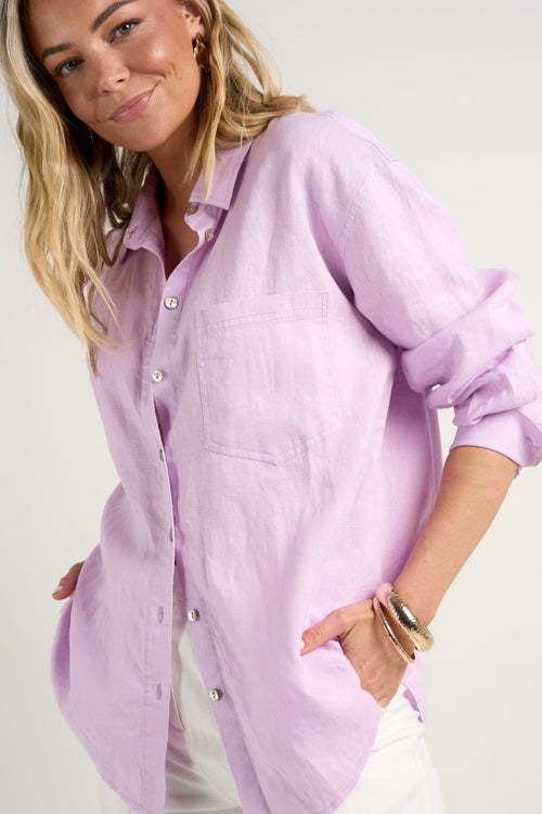 model wears Purple Oversized Linen Shirt