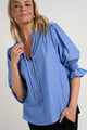 Ornament Chambray Blue Stripe Tie Neck SS Blouse