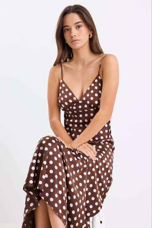 Shop Otherworldly Chocolate Polka Dot Satin Bias Slip Midi Dress | Flo Shop Otherworldly Chocolate Polka Dot Satin Bias Slip Midi Dress | Flo