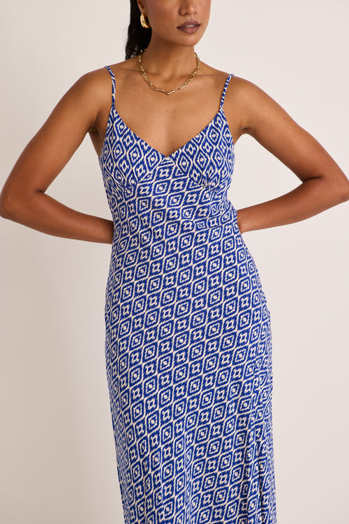 model wears a blue pattern midi dress