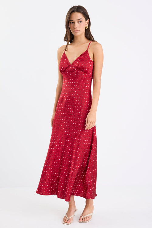 Shop Otherworldly Red Polka Dot Satin Bias Slip Midi Dress | Flo & Fra Shop Otherworldly Red Polka Dot Satin Bias Slip Midi Dress | Flo & Fra