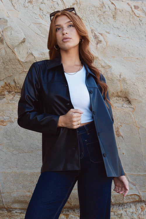 model wears a PU leather jacket