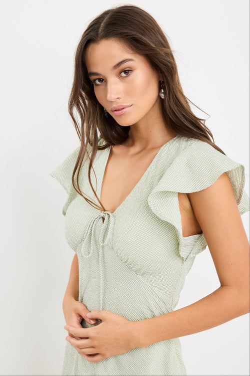 Shop Ovation Sage Gingham Flutter SS Keyhole Tie Midi Dress | Flo & Fr Shop Ovation Sage Gingham Flutter SS Keyhole Tie Midi Dress | Flo & Fr