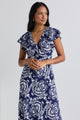 Ovation Navy Tile Print Flutter Ss Keyhole Tie Midi Dress