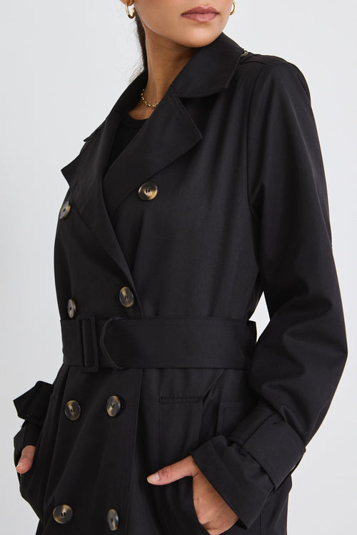 model wears a black trench coat