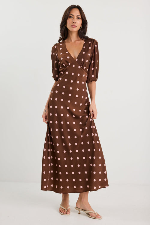 Shop Paramour Chocolate Polka Dot Satin Puff Short Sleeve Bias Maxi Dr Shop Paramour Chocolate Polka Dot Satin Puff Short Sleeve Bias Maxi Dr
