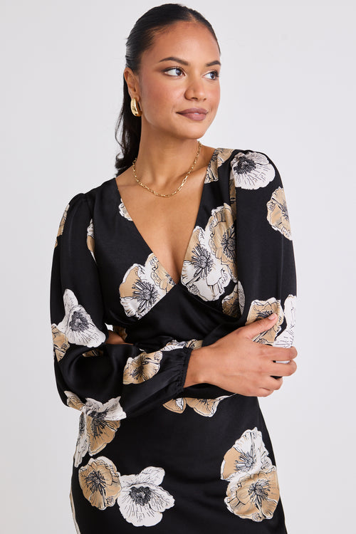 model wears a black floral maxi dress