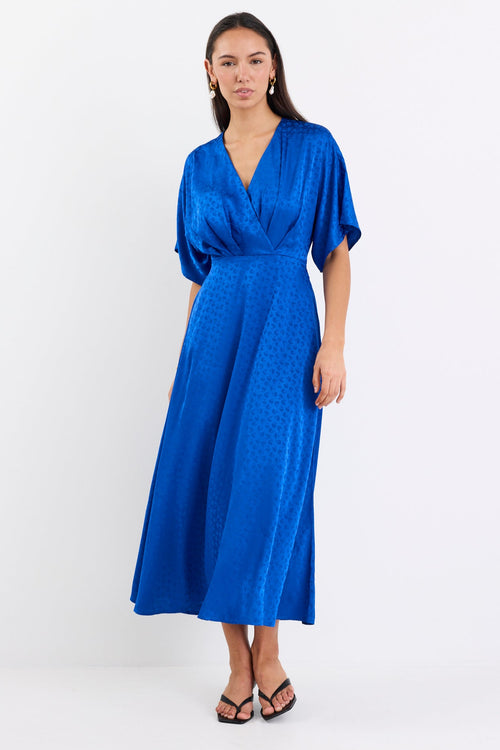 Shop Picasso Electric Blue Satin Jacquard SS Kimono Midi Dress | Flo & Shop Picasso Electric Blue Satin Jacquard SS Kimono Midi Dress | Flo &