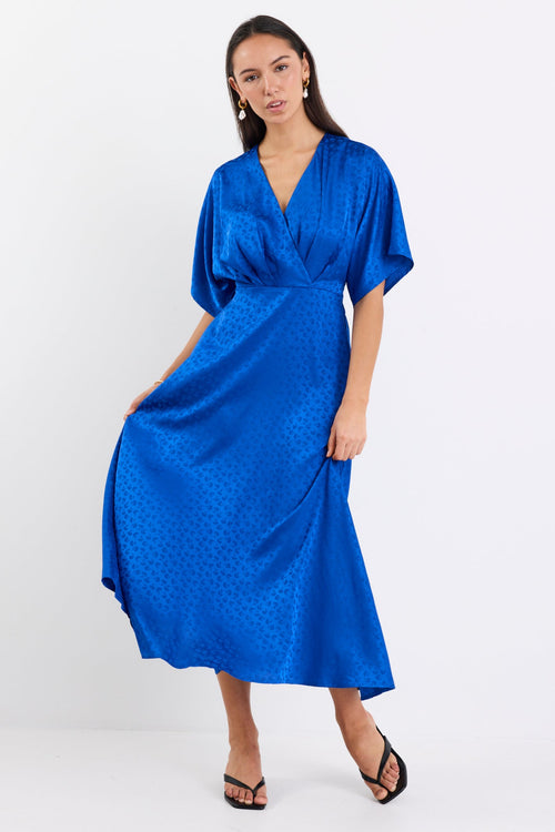 Shop Picasso Electric Blue Satin Jacquard SS Kimono Midi Dress | Flo & Shop Picasso Electric Blue Satin Jacquard SS Kimono Midi Dress | Flo &