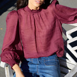Poet Burgundy Plum Sheer Long Sleeve High Neck Top