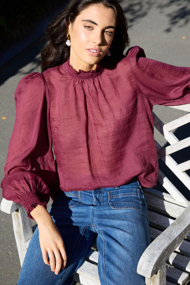Poet Burgundy Plum Sheer Long Sleeve High Neck Top