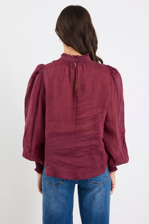 Person wearing a burgundy blouse with puffed sleeves and blue jeans on a white background