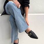 Poppy Black Leather Gold Buckle Loafer