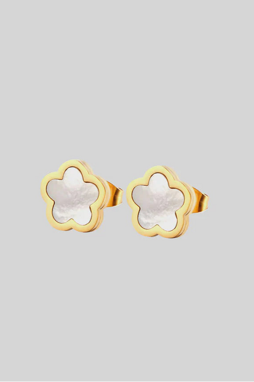 A pair of gold-toned stud earrings shaped like small flowers, featuring a pearlescent centre framed by a polished gold outline for a soft, elegant finish