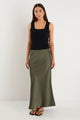 Rosette Khaki Satin Bias Midi Skirt