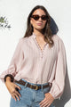 Premise Blush Stripe High Neck Buttoned LS Top