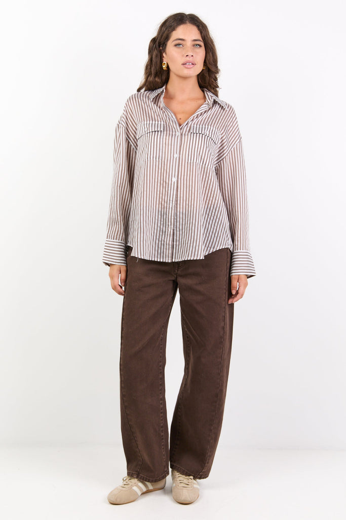 Shop Preppy Chocolate Stripe Pocket Front Shirt | Flo & Frankie