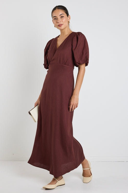 Shop Preview Chocolate Puff Sleeve V Neck Bias Midi Dress | Flo & Fran Shop Preview Chocolate Puff Sleeve V Neck Bias Midi Dress | Flo & Fran