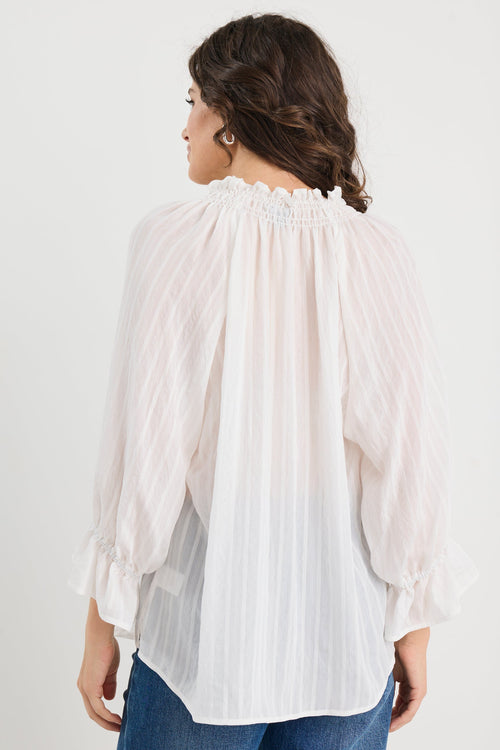 Woman wearing a white blouse and blue jeans on a plain background
@col_pattern