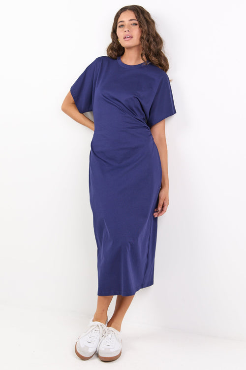 Shop Pulse Ink Cotton Gathered Waist Detail Short Sleeve Knit Dress |
