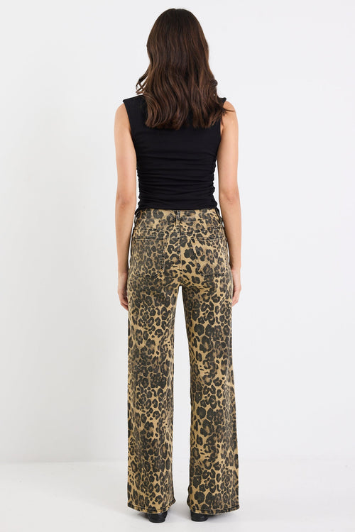 Person wearing leopard print pants and a black top on a white background