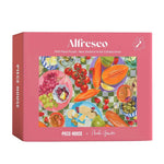 Alfresco x Paula Gouretti 'Piece House' 1000-piece jigsaw puzzle box. The packaging features a vibrant pink border with a colorful illustration of fresh fruits, grapes, and a checkered pattern in the center.