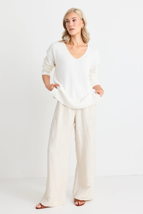 model wears natural linen pants and a white jumper and sandals