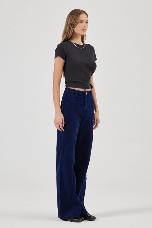 Woman wearing a black crop top and blue velvet pants on a white background
