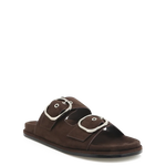 A dark brown double-strap slide sandal with large silver-tone buckle details, shown from a three-quarters angle on a plain white background.