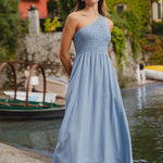 Rare Sky Blue One Shoulder Shirred Bodice Maxi Dress