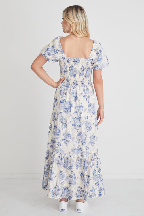 model wears a blue floral maxi dress