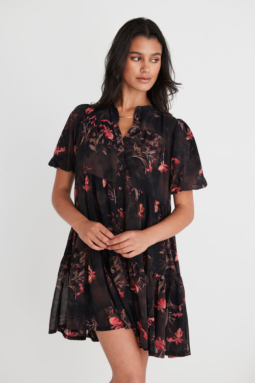 Ravine Black Orchid SS Shirt Style Tiered Mini Dress WW Dress By Rosa.   