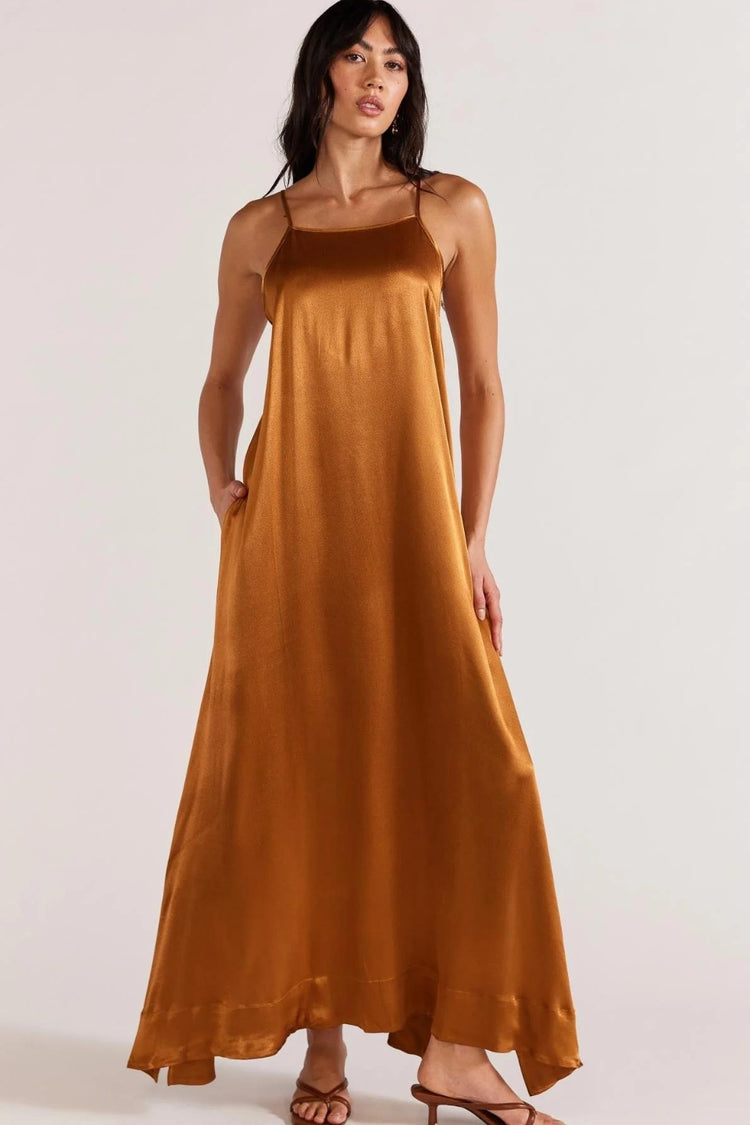 Shop Rayna Copper Satin Strappy Maxi Dress Online Flo & Frankie