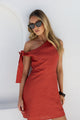 Reflect Cinnamon Linen One Shoulder Bow Mini Dress