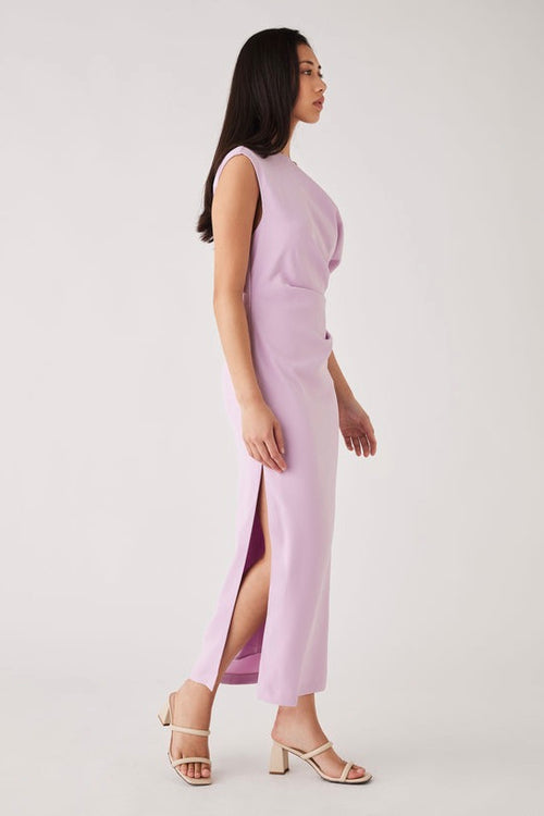 model wears a off the shoulder lilac midi dress